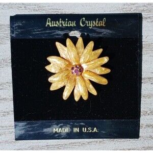 VTG Signed LIA LIANNA Floral Gold Tone Enamel Austrian Crystal Brooch Flower Pin